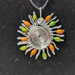 Handmade metal pendant necklace black cord